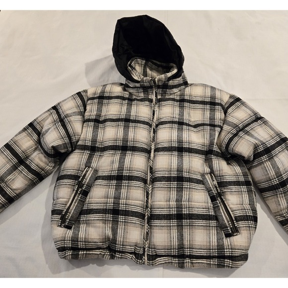 American Eagle Women's Soft Plaid Puffer Coat Zip Up Hood Size Large - Picture 1 of 13